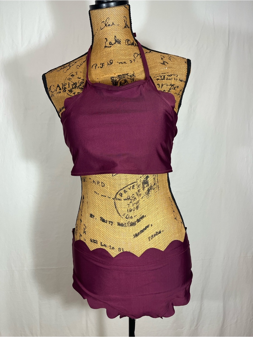 Scalloped High Neck Bikini Set Burgundy Maroon High Waisted Size L - Picture 2 of 16